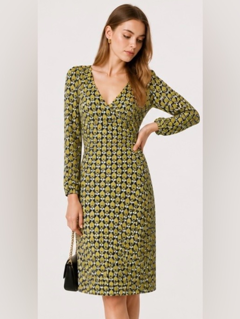 BODEN Double Layer Jersey Dress WH148 Green Geometric Faux Wrap Lyocell 8 US